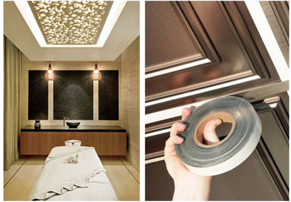 Luxe bathroom with warm golden textured ceiling and recessed warm-toned lighting creating spa-like ambiance
