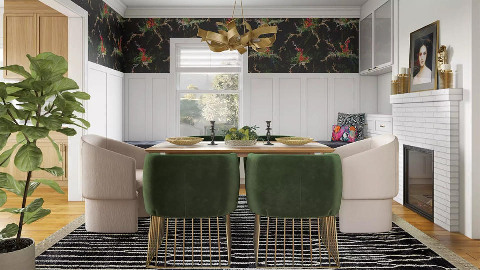 Modern dining space with hunter green chairs, gold accents, botanical wallpaper, minimalist Scandinavian design