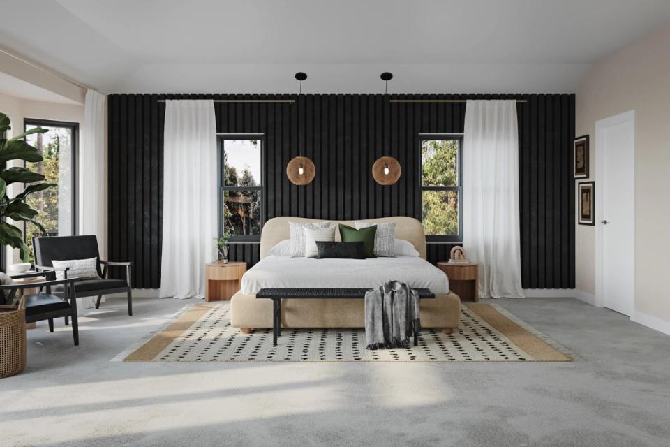 Luxury bedroom with black ribbed accent wall, flowing white curtains, and natural light creating a serene, upscale retreat.