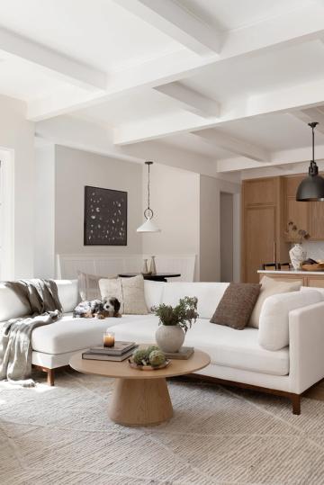 Minimalist living room with white sofa, natural wood accents, and neutral palette emphasizing clean, functional design.