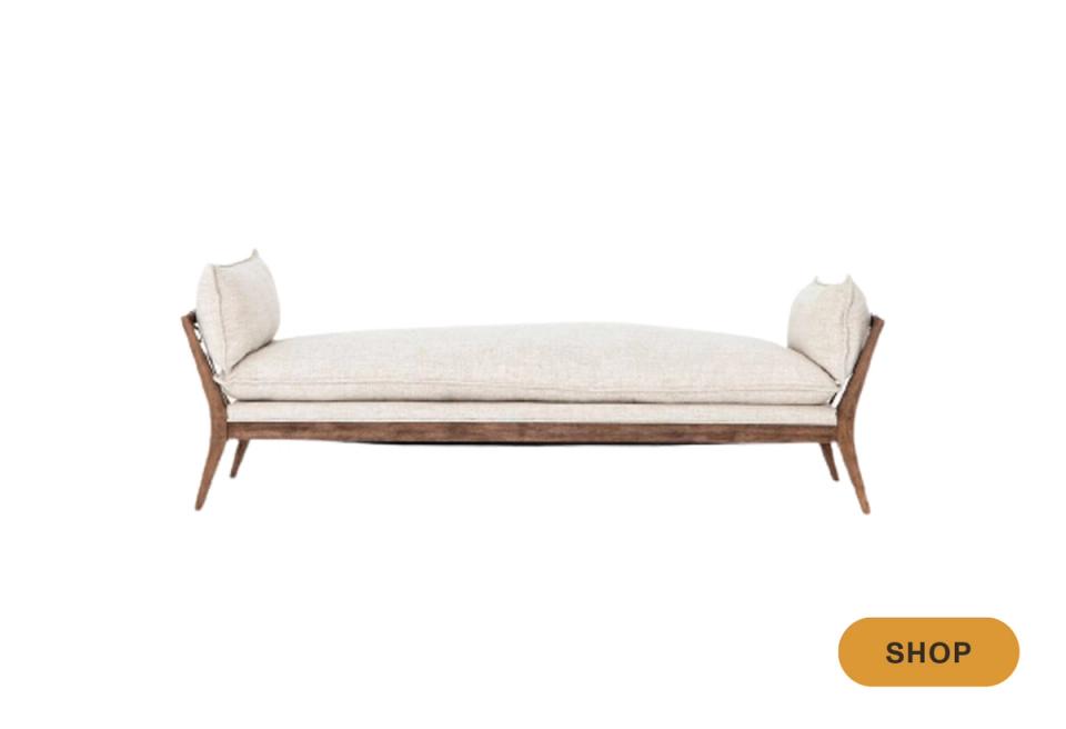 Mid-century daybed in cream linen with angled wooden legs
