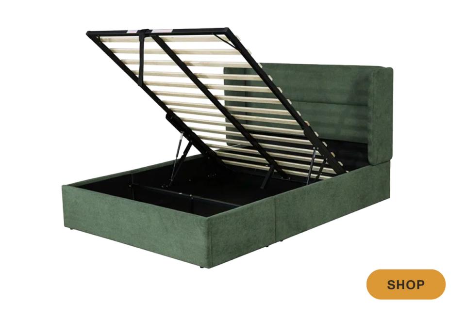 Industrial green storage bed with lift-up mechanism and open storage cavity