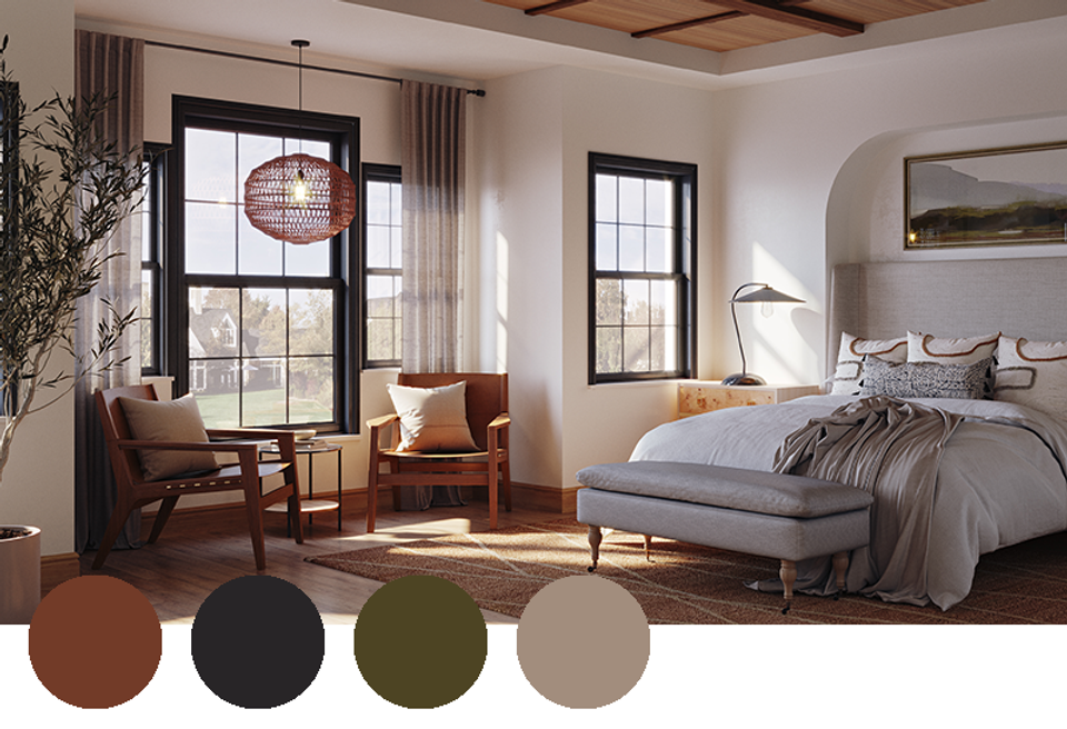 Serene contemporary bedroom with warm brown, olive, and taupe earth tones, natural light, and mid-century seating area
