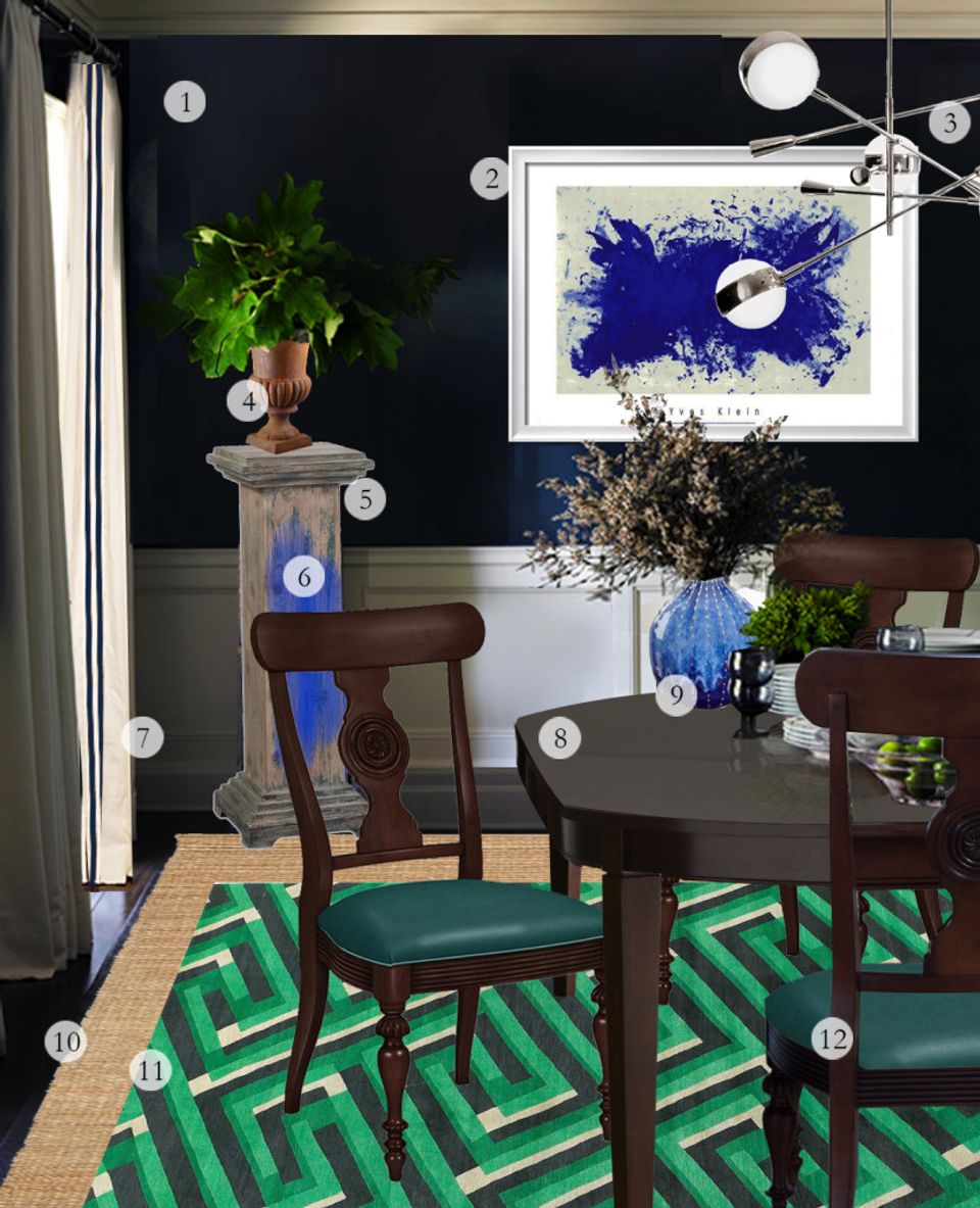 Sophisticated dining room with navy walls, emerald geometric rug, mid-century furniture, and abstract blue art