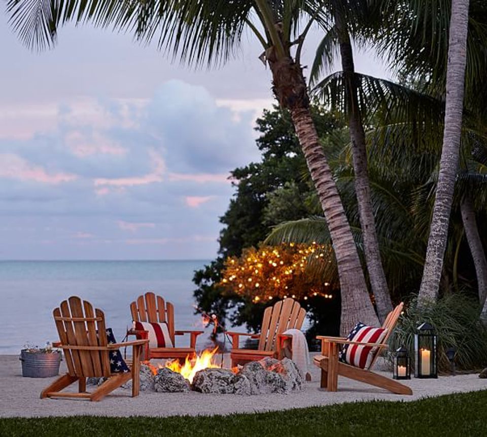 Coastal sunset scene, Adirondack chairs, beachfront tropical ambiance