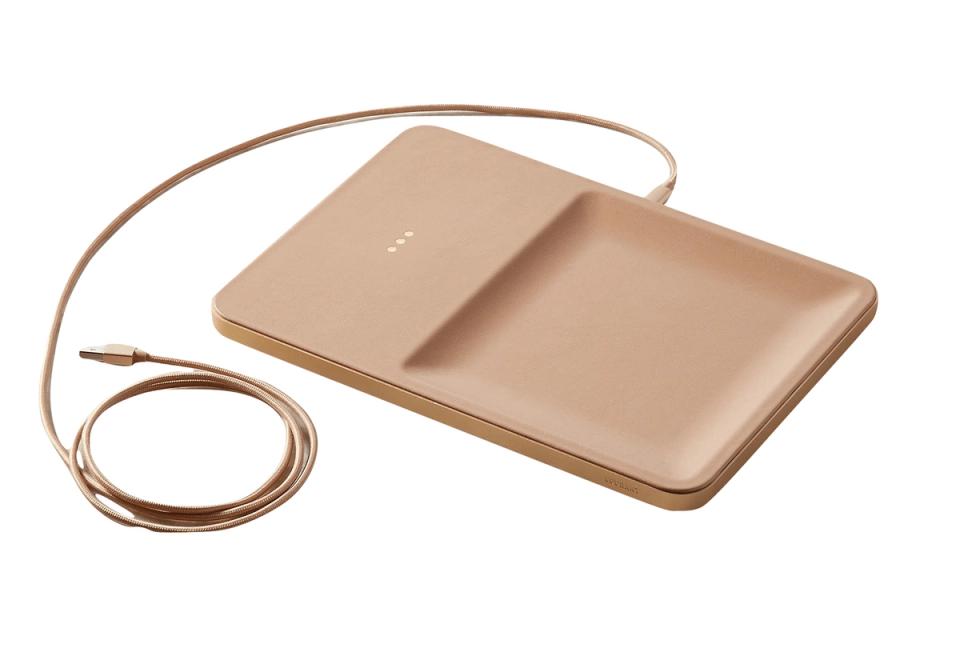Sleek beige cord management organizer with modern minimalist design
