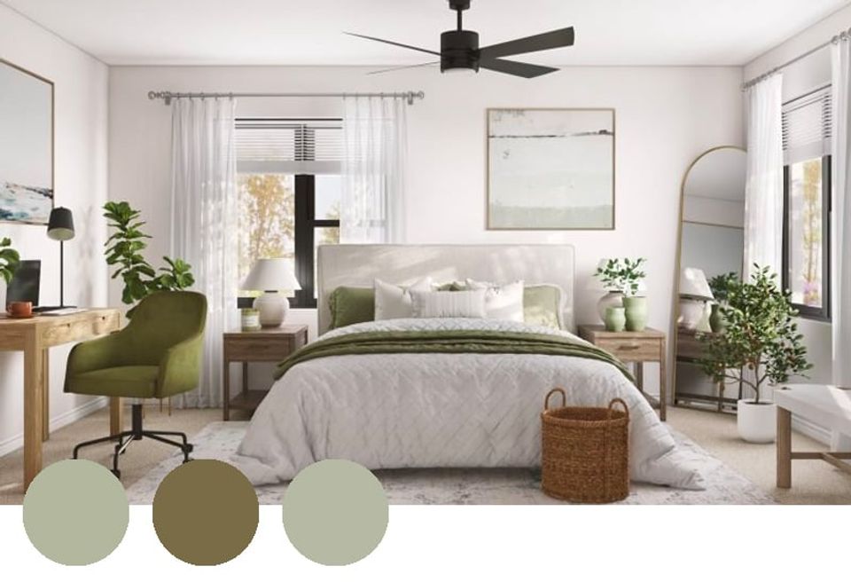 Serene, botanical bedroom in soft sage and greens with natural light and organic textures for a tranquil, nature-inspired retreat