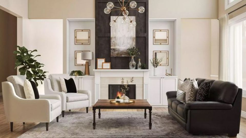 Classic living room with black fireplace accent wall, cream wingback chairs, dark sofa, and symmetrical gallery styling creating timeless elegance