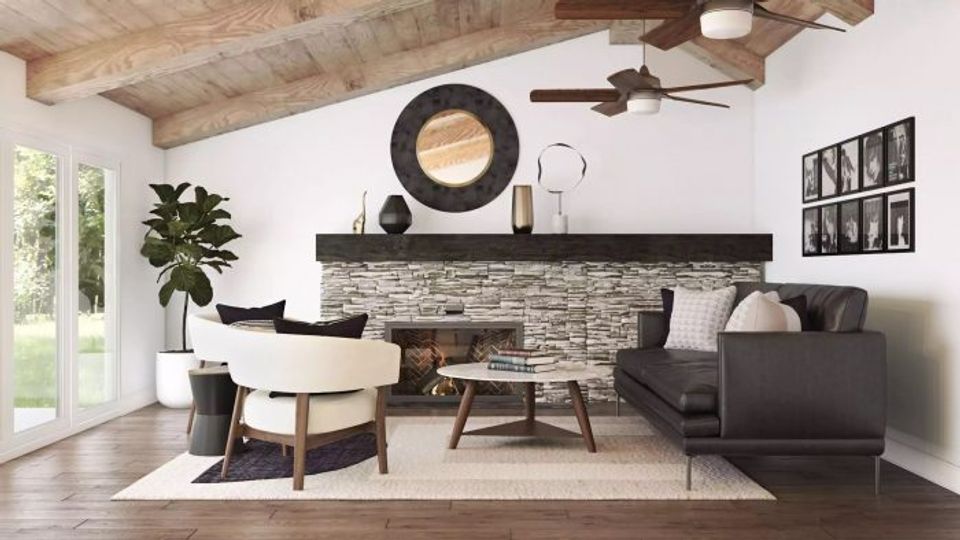 Industrial-modern living room with black horizontal accent wall, exposed ceiling beams, and warm neutral palette for rustic-contemporary charm.