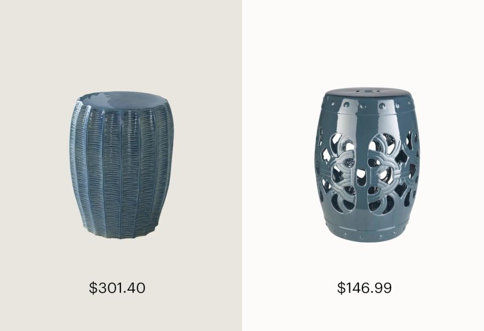 Contemporary ceramic garden stools in slate blue; textured woven design and perforated floral pattern options