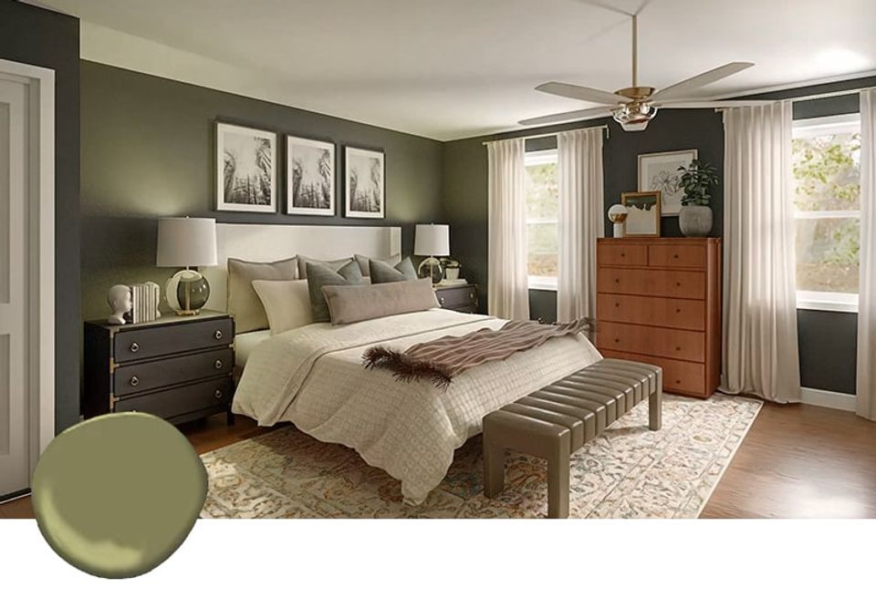 Serene sage green bedroom with warm wood furnishings, neutral bedding, and soft natural light creating a calming, timeless retreat