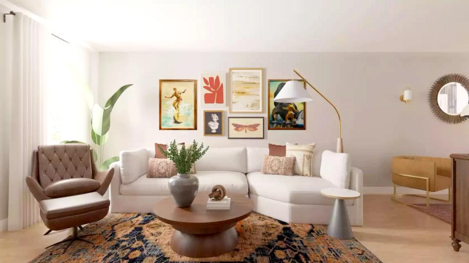 Eclectic mid-century space blending vintage furnishings, gallery wall art, and warm earthy tones
