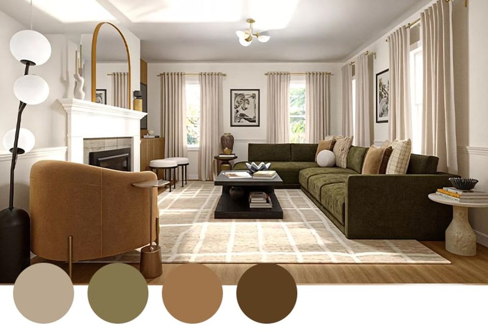 Warm transitional living room with olive green sofa, caramel leather chair, and neutral earth tone palette creating a sophisticated, inviting atmosphere.