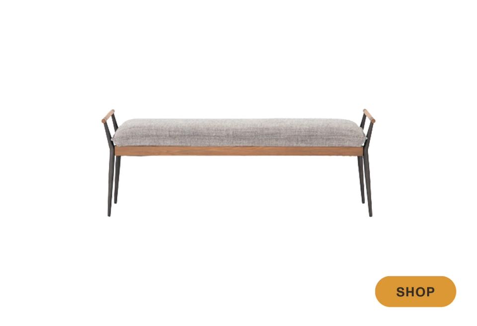 Mid-century modern bench with gray upholstered seat and warm wood frame with angled metal legs