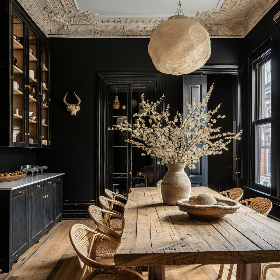 Black dining room with natural wood table, woven chairs, and cream botanical arrangement