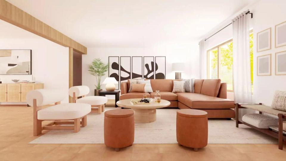 Warm mid-century living room with terracotta accents, natural wood furniture, and soft neutral palette