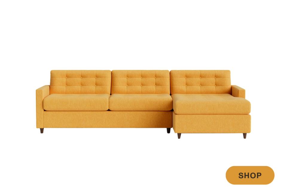 Mid-century mustard yellow sectional sleeper with tufted back and storage
