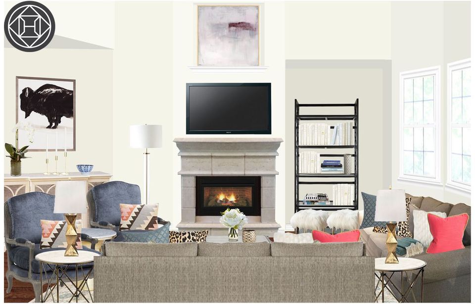 Modern fireplace seating area with slate blue chairs, coral accents, and minimalist wall decor