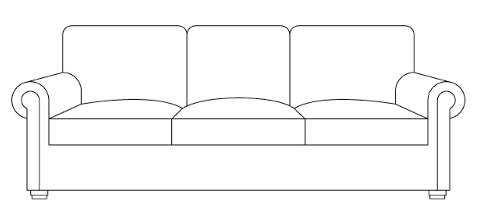 Traditional sofa with rolled arms, turned legs, and three-cushion seating