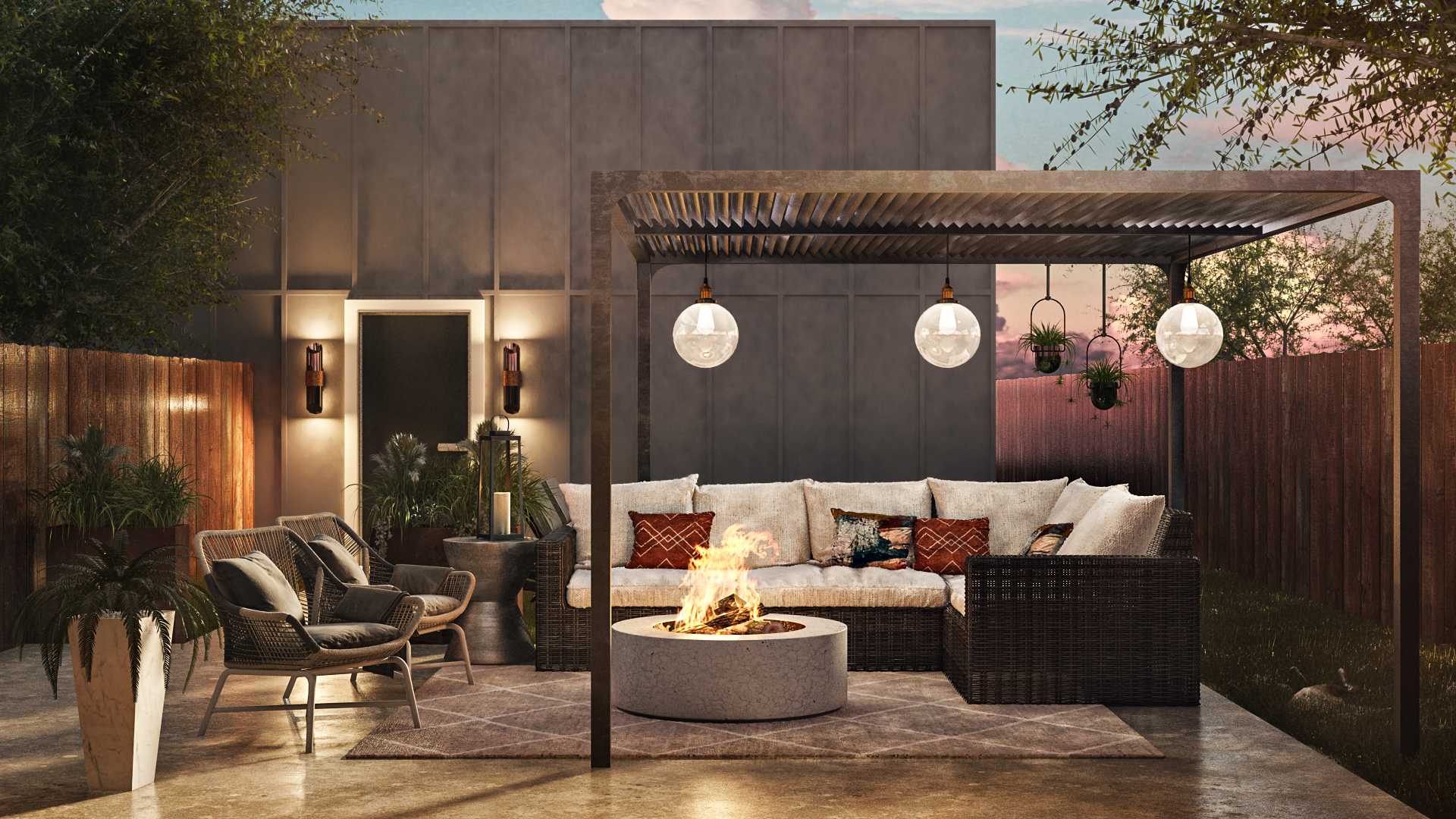 Modern outdoor patio with warm pendant lighting, dark pergola, cozy seating, and ambient fire feature at dusk