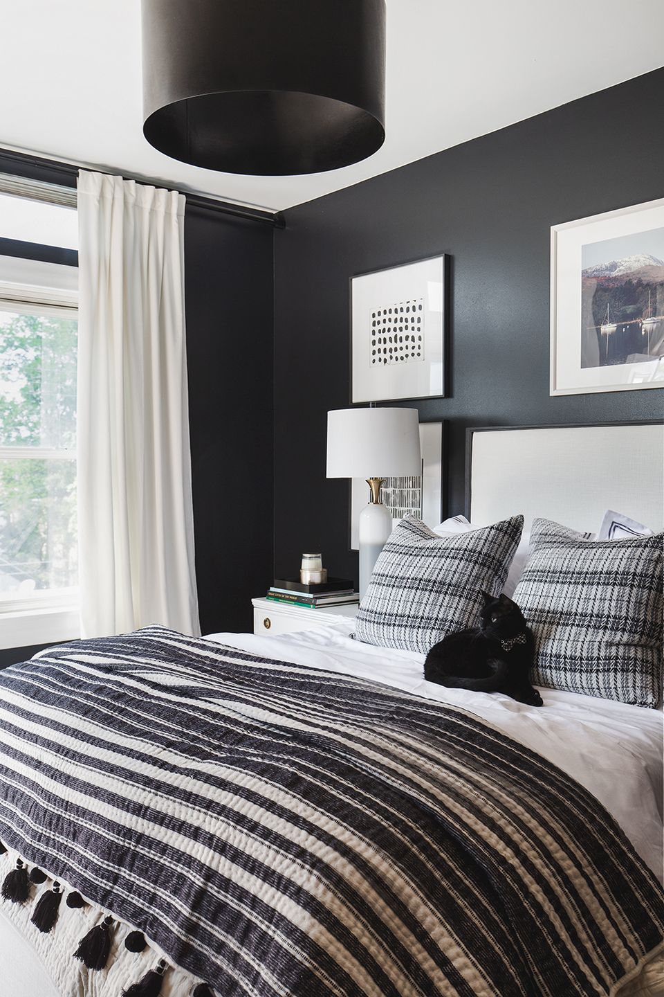 Bold modern guest bedroom with charcoal walls, striped bedding, and industrial black lighting