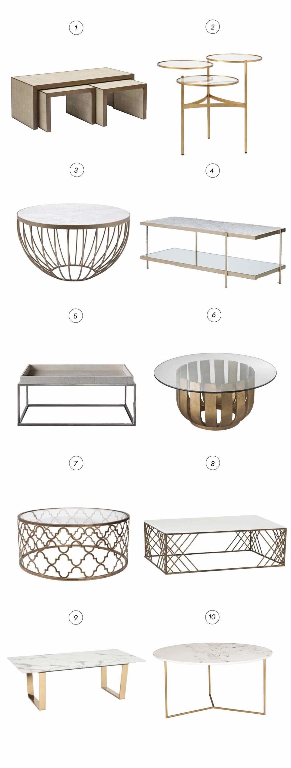 Nine contemporary coffee table designs showcasing minimalist, glam, and mid-century modern styles