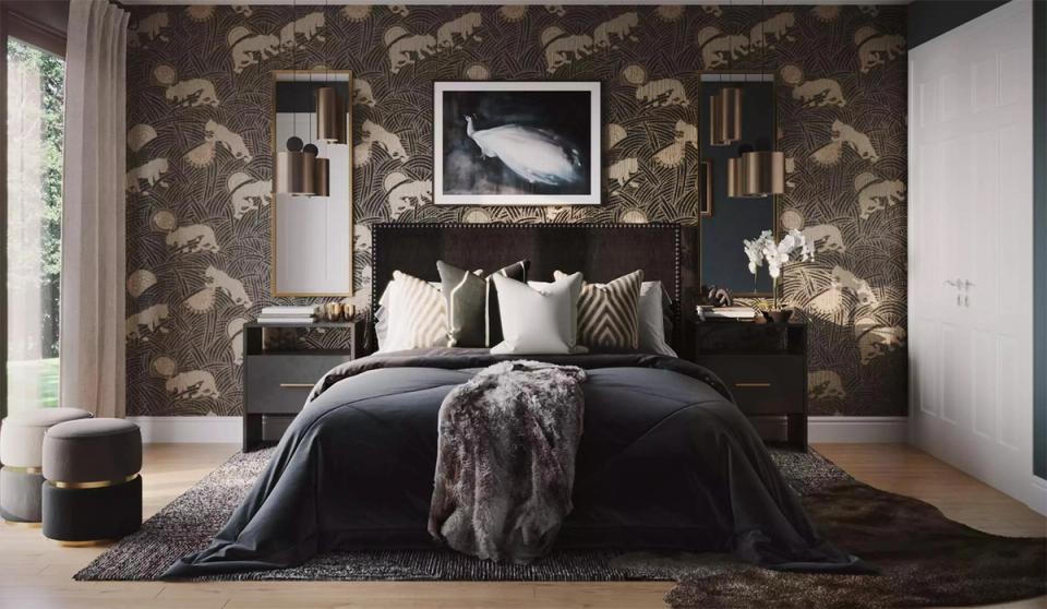 Dark botanical bedroom with patterned wallpaper, moody black palette, and styled décor