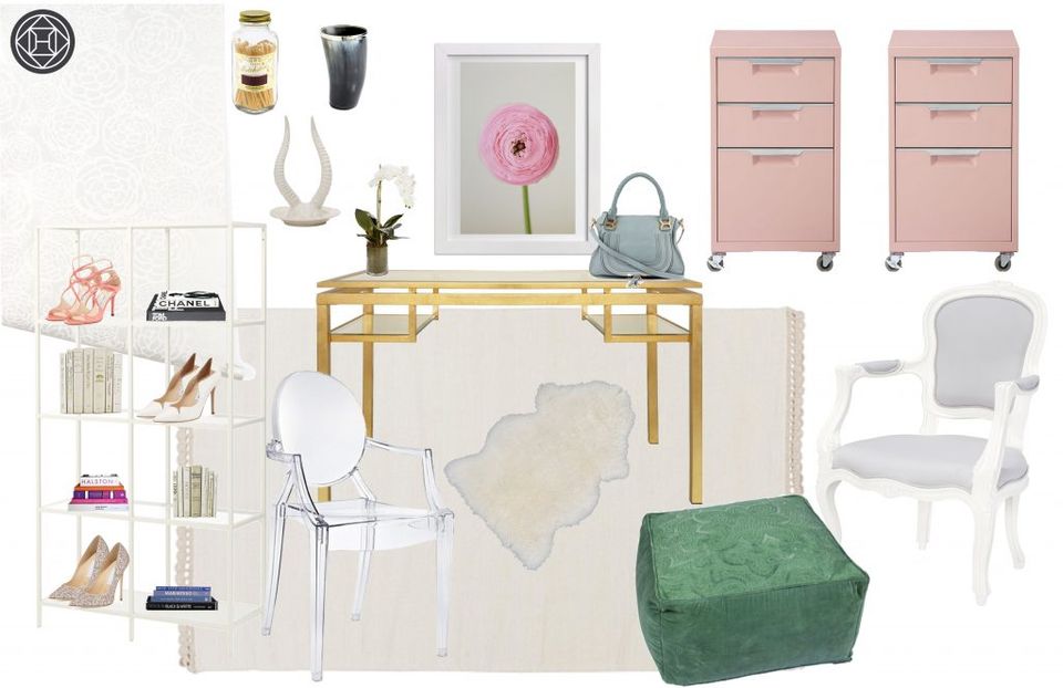 Modern office moodboard with blush pink accents, natural wood desk, cream and white furnishings, and emerald green velvet pouf