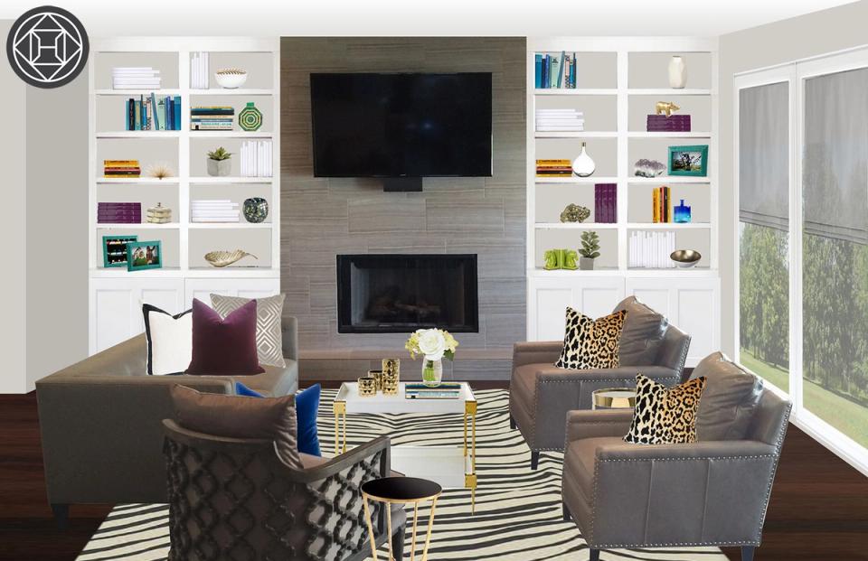 Contemporary living room with floating media wall, built-in shelving, taupe seating, geometric area rug, and bright natural light