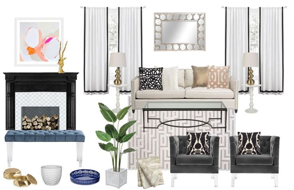 Elegant living room blending black fireplace, cream sofa, striped curtains, and monochromatic patterned accent pillows