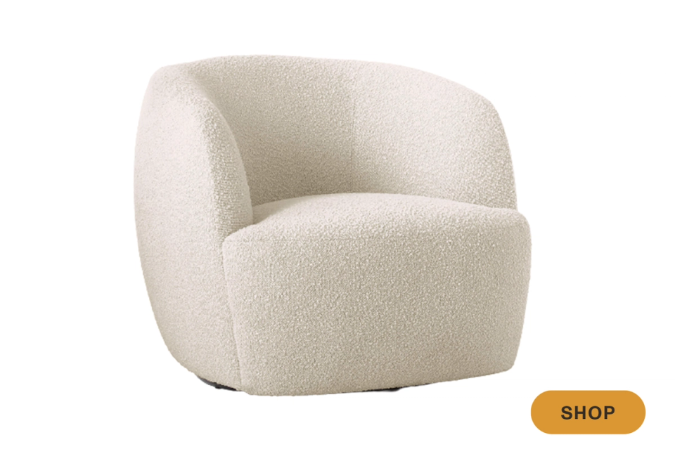 Contemporary cream curved swivel chair with organic, sculptural design