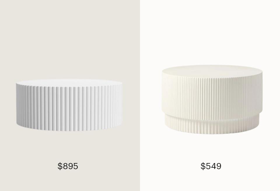 Minimalist round side tables with vertical ribbed texture in soft gray and cream