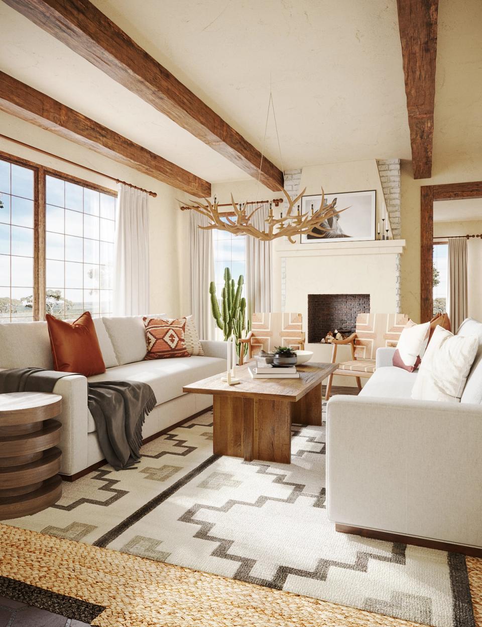 Bright living room with exposed wood beams, fireplace, Southwestern textiles, and earth tones