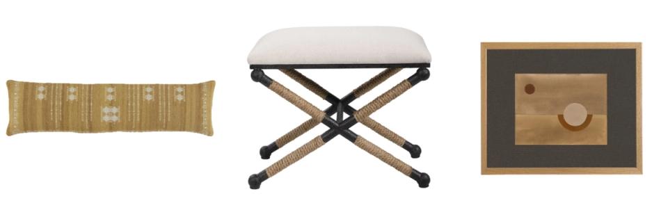 Southwestern décor accessories: woven bench, striped pillow, and framed desert artwork