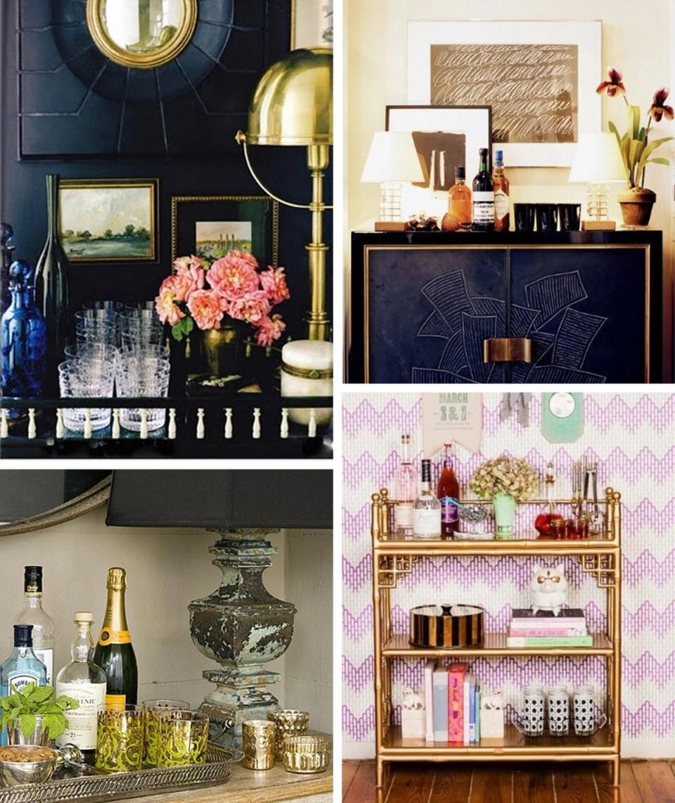 Four sophisticated bar styling approaches: navy art-deco, blush and gold, emerald botanical, and minimalist modern