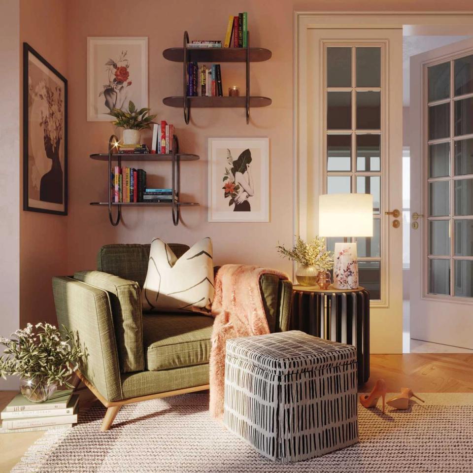 Romantic terracotta reading space with sage green chair, botanical prints, floating shelves, and soft peachy tones