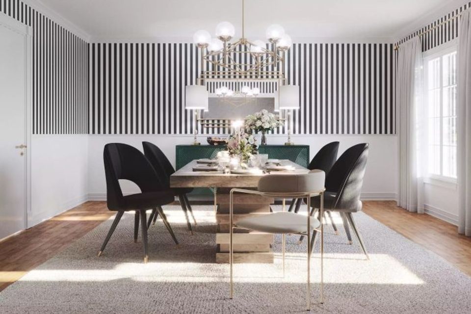Contemporary dining space with vertical black striped walls, white paneling, natural wood table, and refined black seating in balanced modern aesthetic.