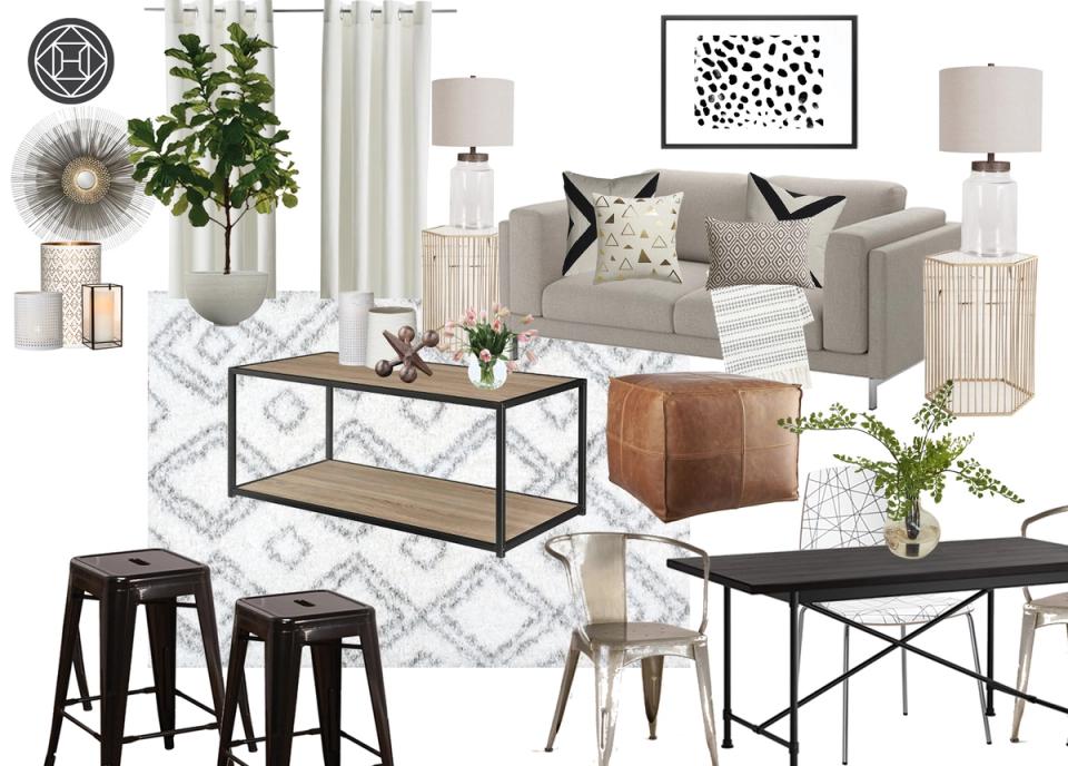Styled living room layout featuring gray sofa, cognac leather poufs, geometric rug, black metal stools, and botanical accents.