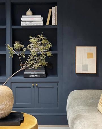 Modern eclectic shelving in deep navy with curated styling mixing natural elements, books, and warm brass accents