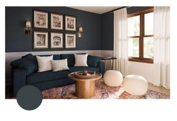 Elegant living room with dark navy walls, cream sofa, gallery of framed prints, warm wood accent table, and natural linen curtains
