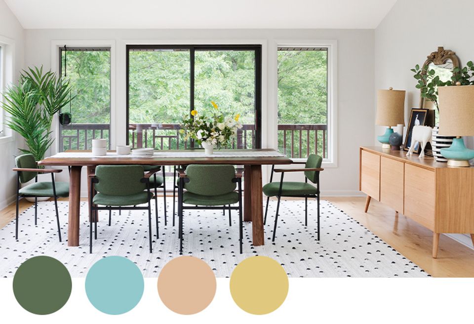 Scandinavian dining space with sage, aqua, and natural wood