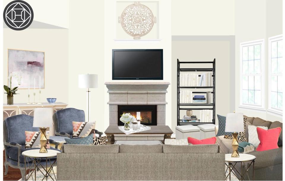 Serene living room with neutral tones, geometric wall art, and cozy contemporary seating layout