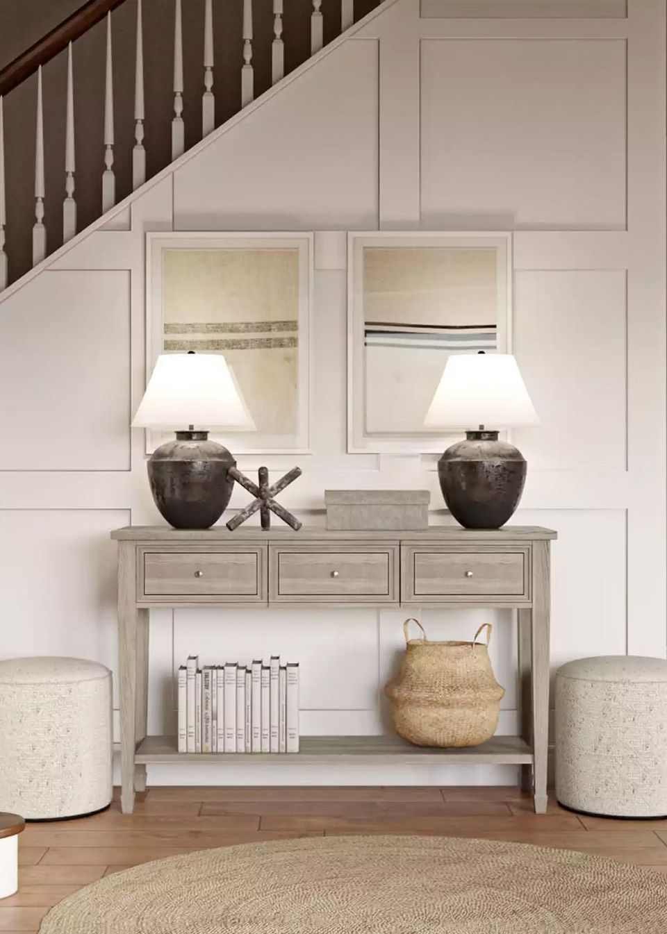 Classic entryway with wainscoting, paired dark ceramic table lamps, and neutral palette