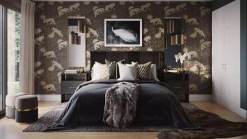Modern bedroom with dark damask wallpaper accent wall, black bedframe, luxe gold accents, and moody botanical pattern creating dramatic elegance