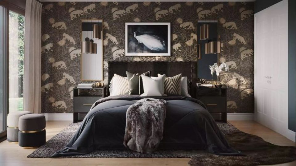 Modern bedroom with dark damask wallpaper accent wall, black bedframe, luxe gold accents, and moody botanical pattern creating dramatic elegance