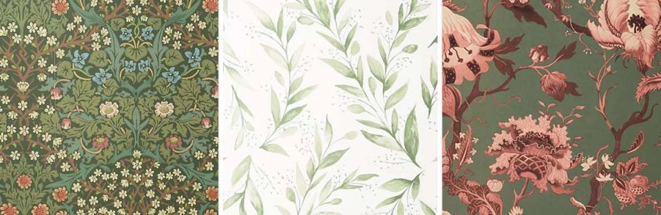 Three botanical fabric patterns: sage floral, cream botanical, and dusty rose florals