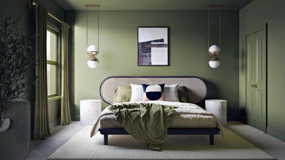 Serene bedroom wrapped in sage green walls with soft pendant lighting and neutral bedding for calming botanical elegance