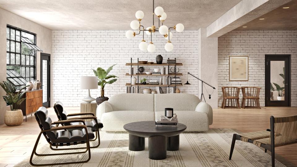 Industrial-modern loft living room with white brick, black accents, and contemporary seating