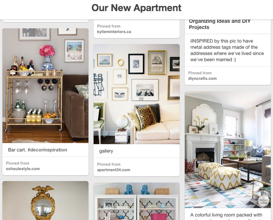 Collected apartment mood board featuring bohemian decor, gallery walls, brass bar cart, and layered pattern mixing throughout