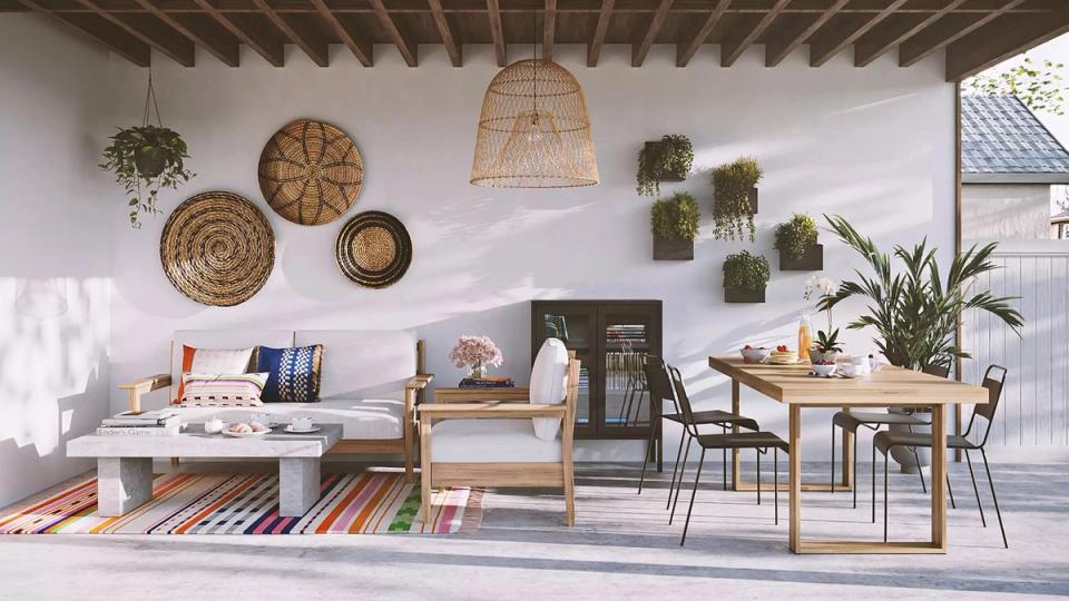 Bohemian outdoor space with woven wall art, natural materials, and colorful accents celebrating artisanal style.